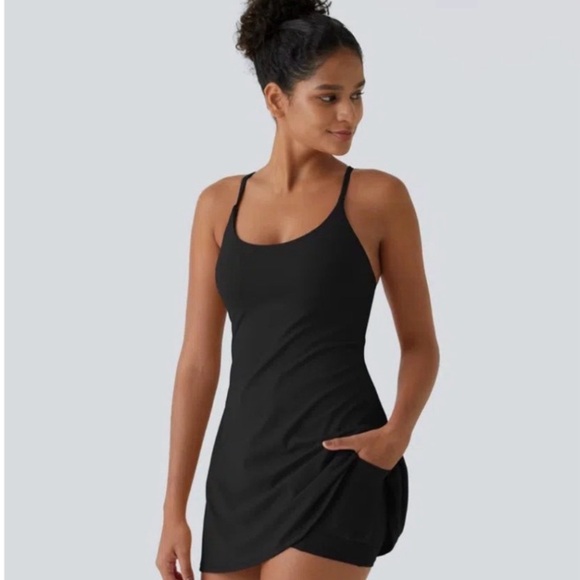 HALARA Dresses & Skirts - HALARA Black Mini Athletic Dress with Built-In Shorts – Spaghetti Straps NWT L